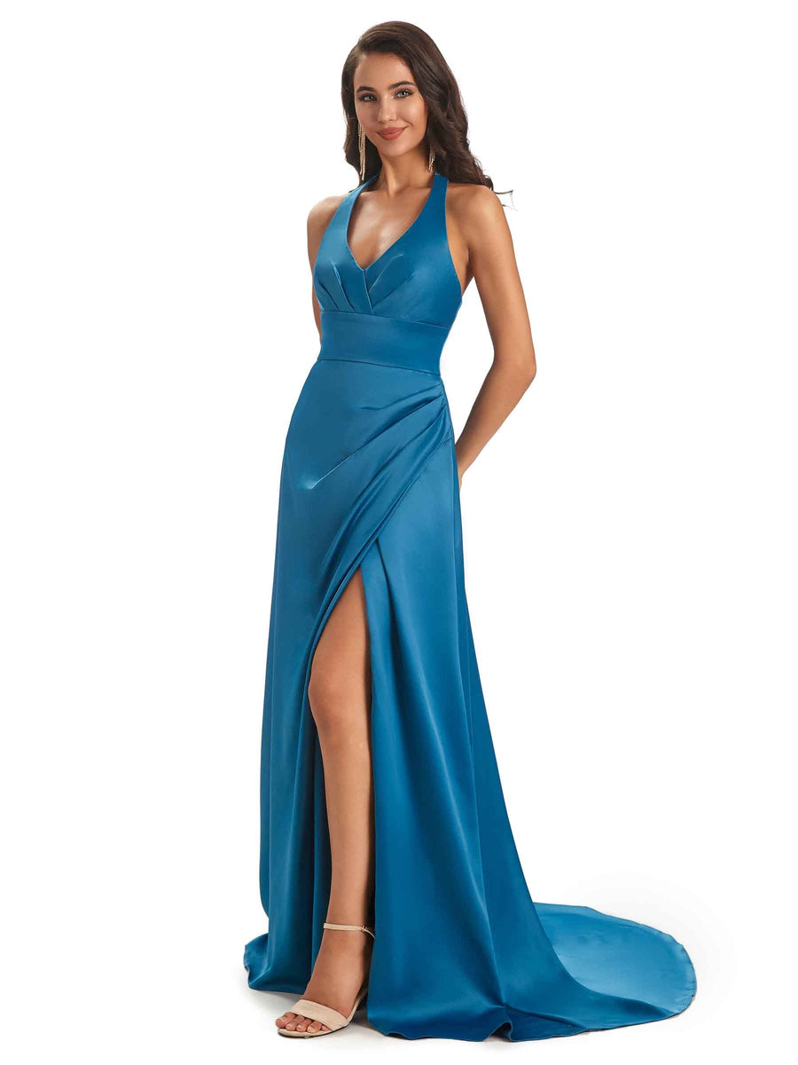 Sexy Satin Side Slit Halter A-line Long Prom Dresses Online