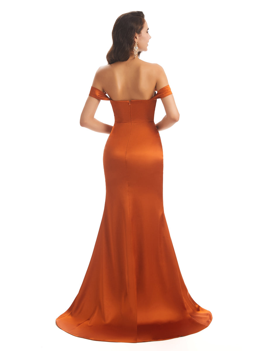 Sexy Soft Satin Off Shoulder Maxi Long Mermaid Prom Dresses With Slit
