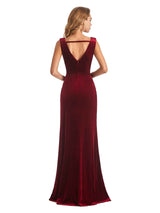 Elegant Ruffles Velvet V-neck  Long Evening Formal Dresses Side Slit