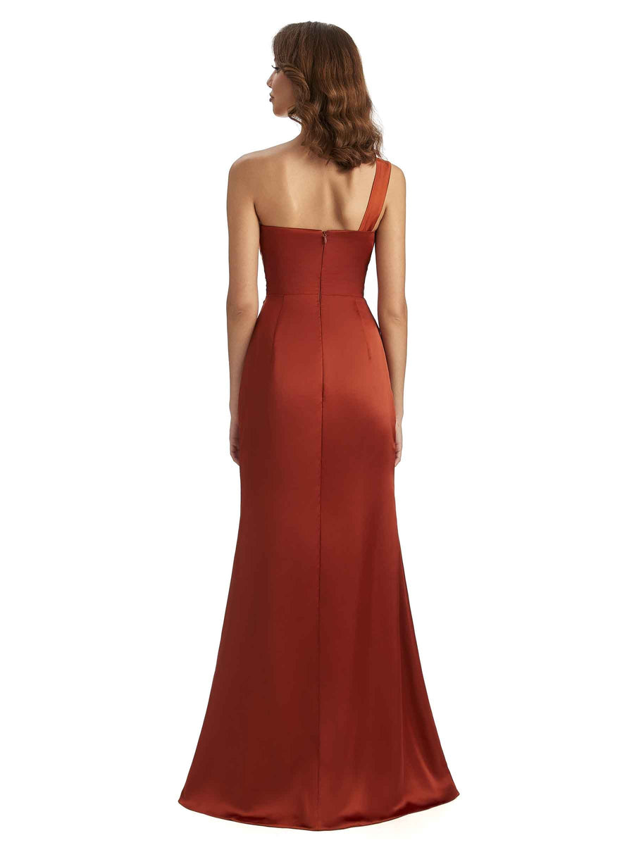 One Shoulder Side Slit Mermaid Silky Satin Chic Long Maid of Honor Gown
