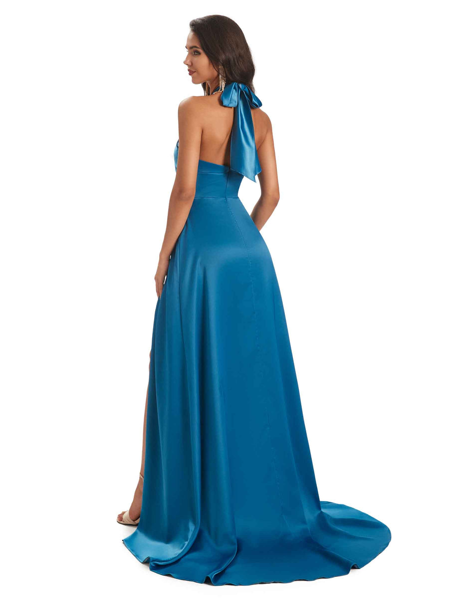 Sexy Soft Satin Side Slit Halter Floor-Length Long Bridesmaid Dresses Online