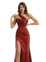 One Shoulder Side Slit Mermaid Silky Satin Chic Long Wedding Guest Dresses
