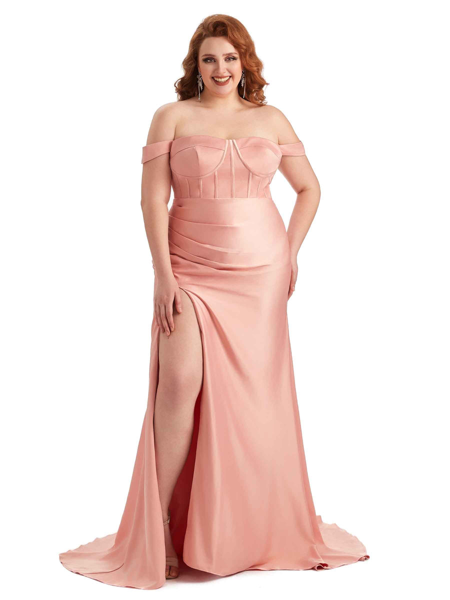 Plus Size Elegant Off The Shoulder Side Slit Mermaid Soft Satin Long Bridesmaid Gowns