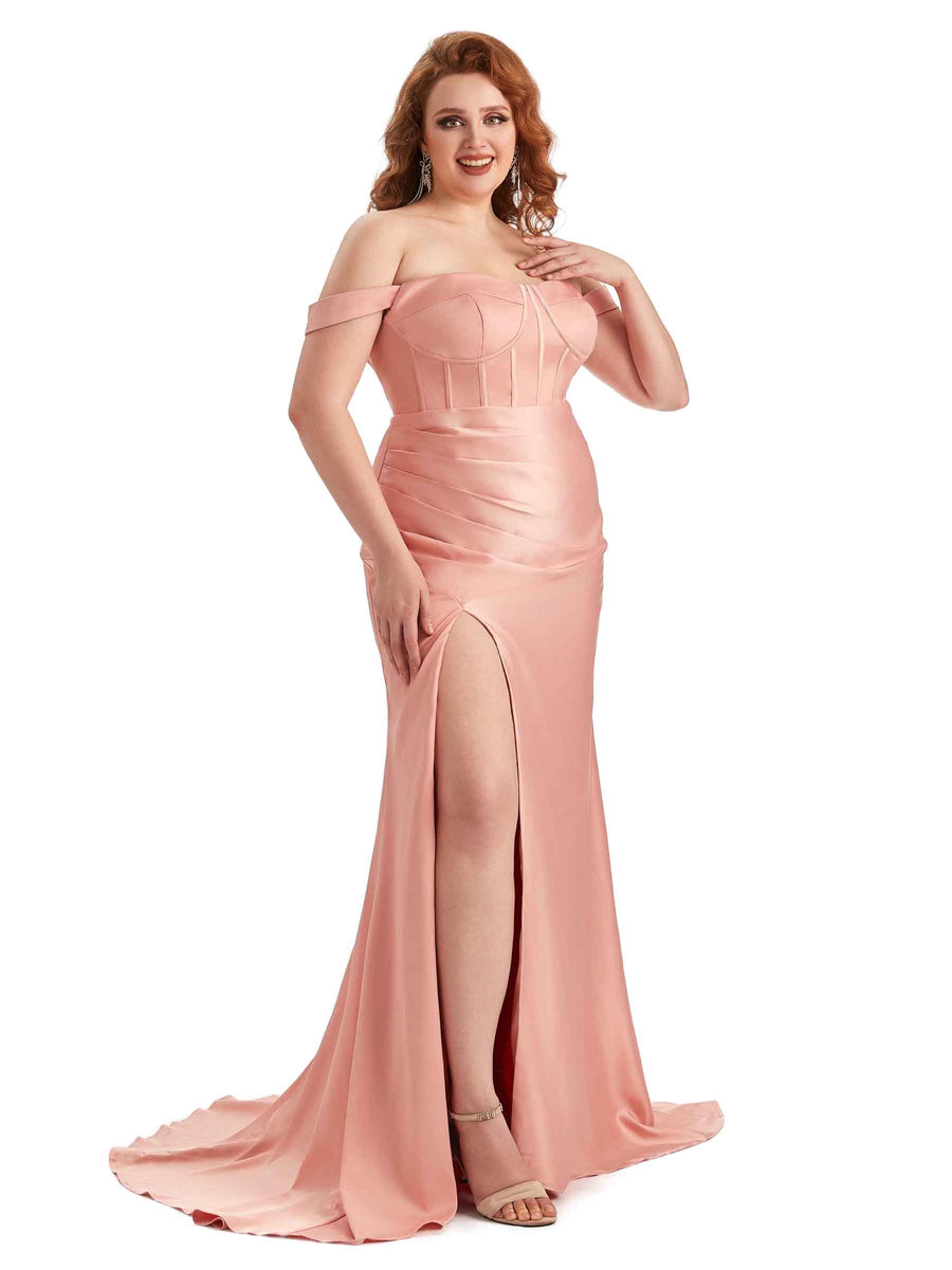 Plus Size Elegant Off The Shoulder Side Slit Mermaid Soft Satin Long Bridesmaid Gowns