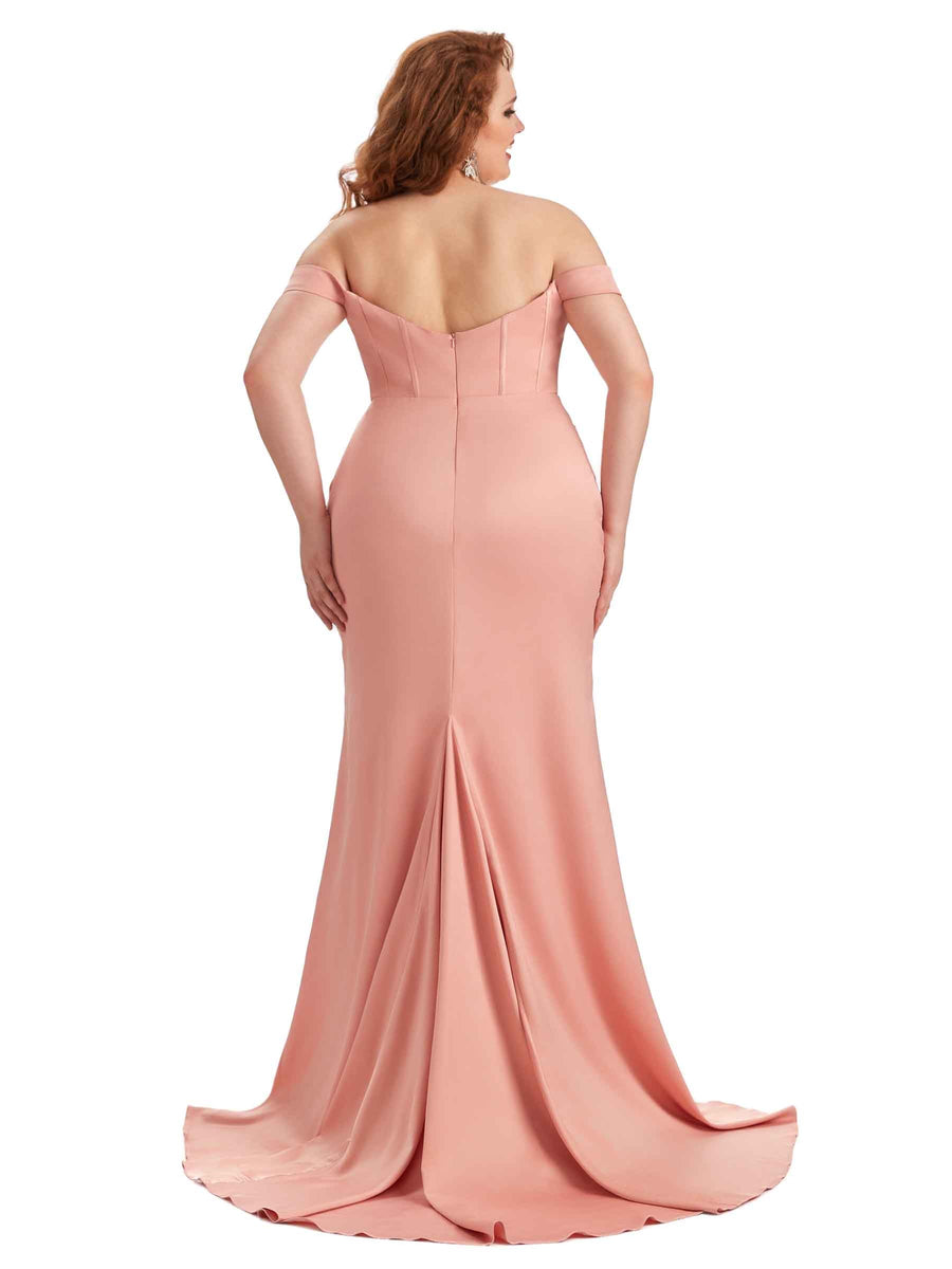 Plus Size Elegant Off The Shoulder Side Slit Mermaid Soft Satin Long Bridesmaid Gowns