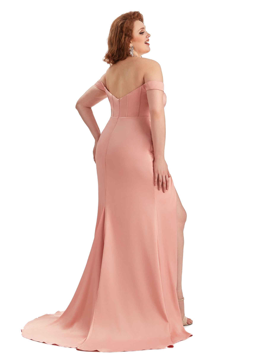 Plus Size Elegant Off The Shoulder Side Slit Mermaid Soft Satin Long Bridesmaid Gowns