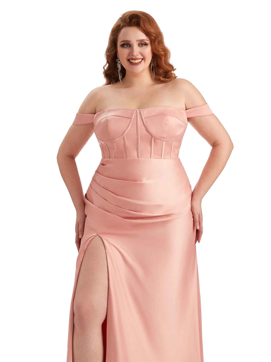Plus Size Elegant Off The Shoulder Side Slit Mermaid Soft Satin Long Bridesmaid Gowns