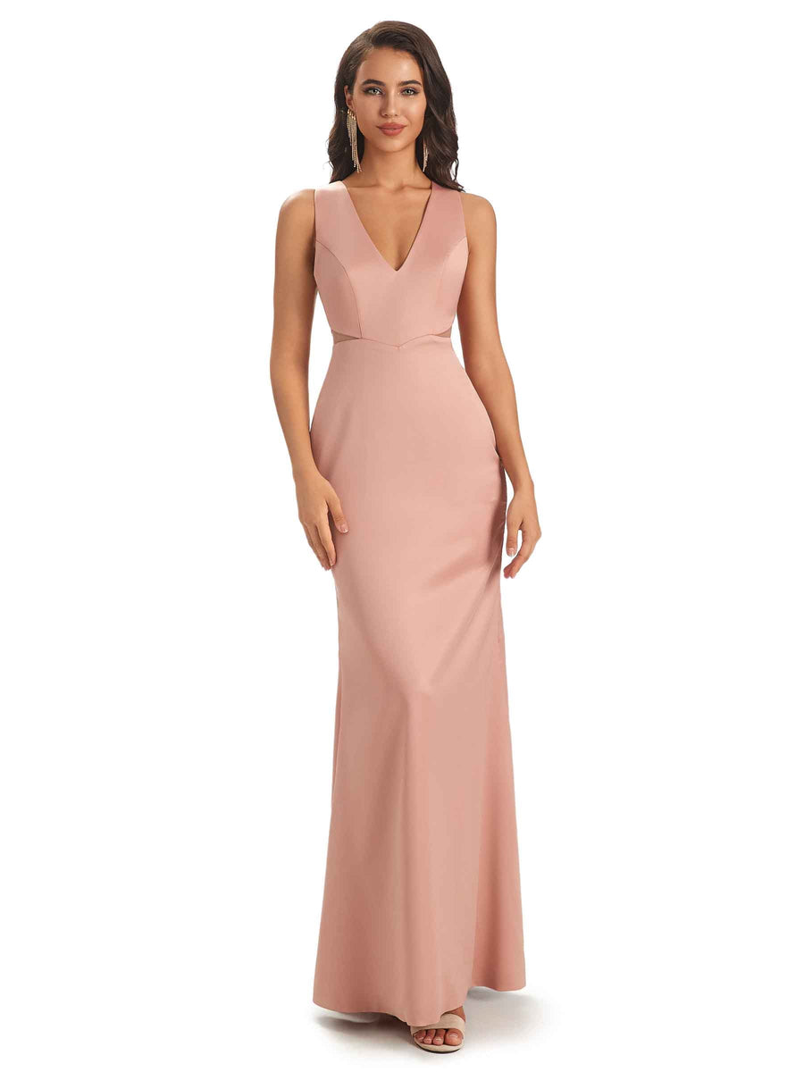 Simple Satin V-neck Long Mermaid Elegant Prom Dresses Online