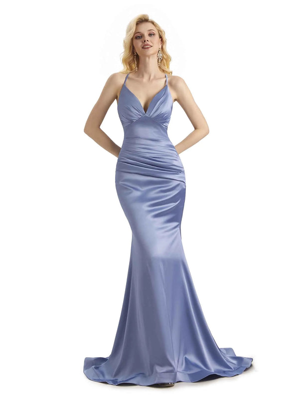 Elegant Mermaid Spaghetti Straps Backless Long Satin Formal Prom Dresses Online