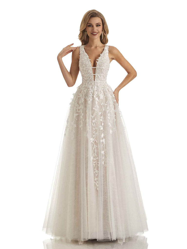 Ivory Lace A-line Applique V-neck Floor-length Long Formal Prom Dresses