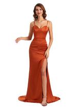Sexy Spaghetti Straps Side Slit Mermaid Silky Satin Long Dresses To Go to a Wedding