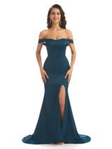 Soft Satin Off Shoulder Sexy Side Slit Long Mermaid Prom Dresses