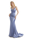 Elegant Soft Satin Mermaid Spaghetti Strap Backless Long Formal Prom Dresses Online