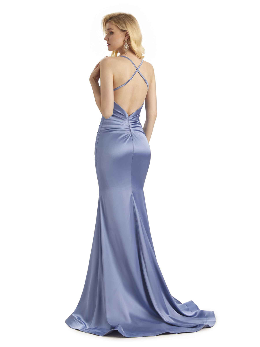 Elegant Soft Satin Mermaid Spaghetti Straps V-Neck Backless Long Bridesmaid Dresses Online