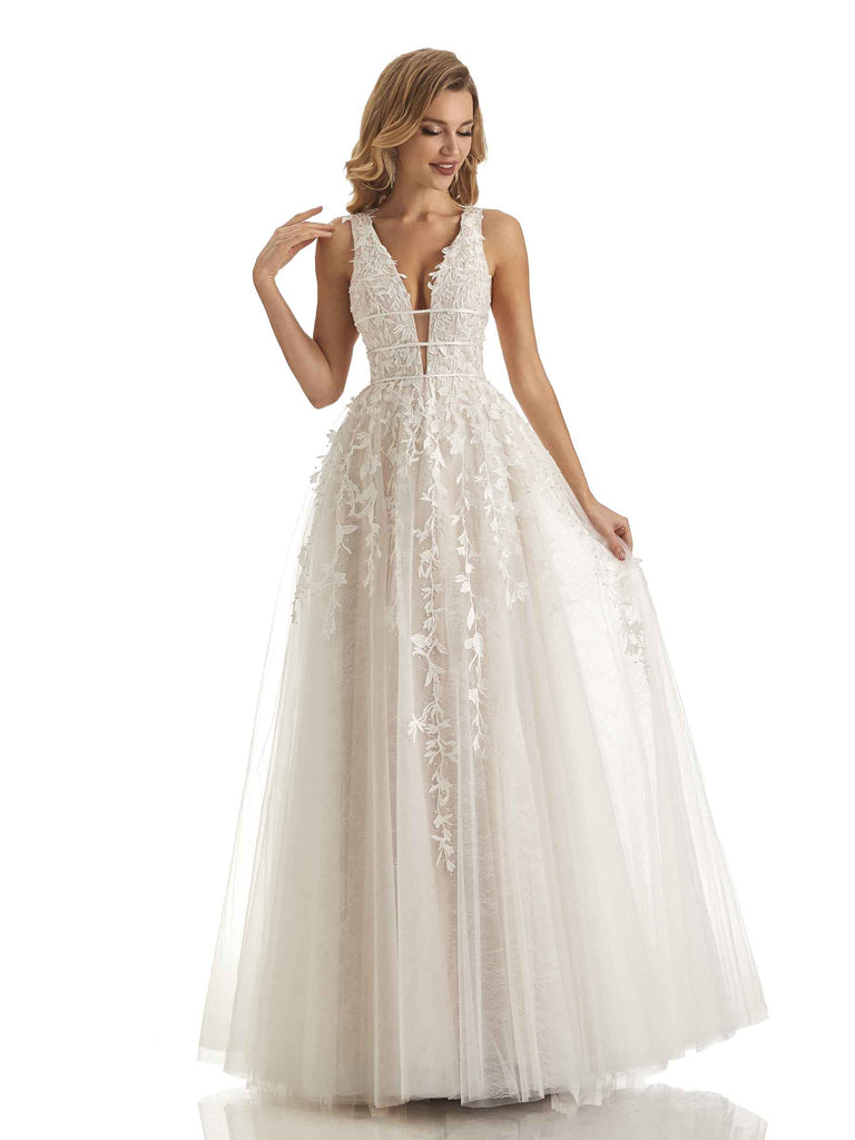 ChicSew Ivory Lace Long Formal Prom Dresses A-line Applique V-neck / Prom Dresses 2026 / Prom Gown, Custom Color(leaving a note)