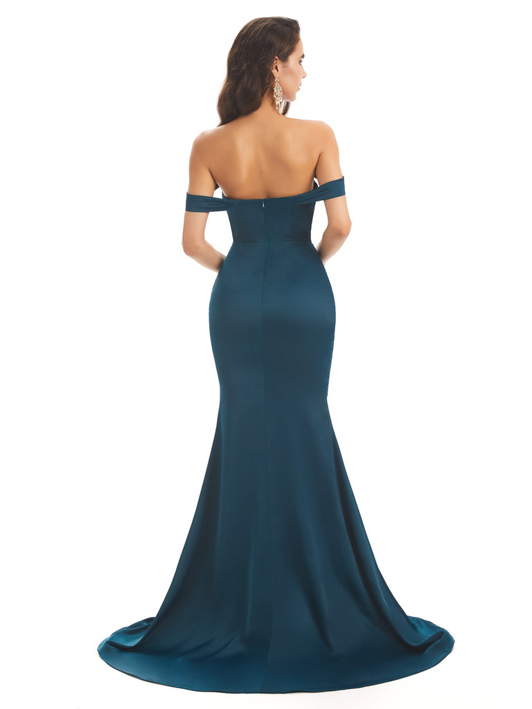 Soft Satin Off Shoulder Sexy Side Slit Long Mermaid Prom Dresses 2023