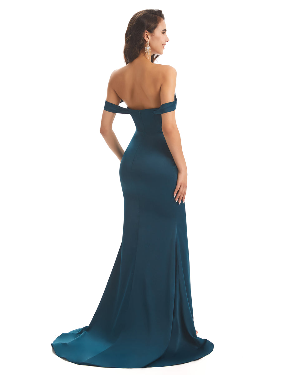 Sexy Satin Off The Shoulder Side Slit Long Mermaid Bridesmaid Dresses Gown