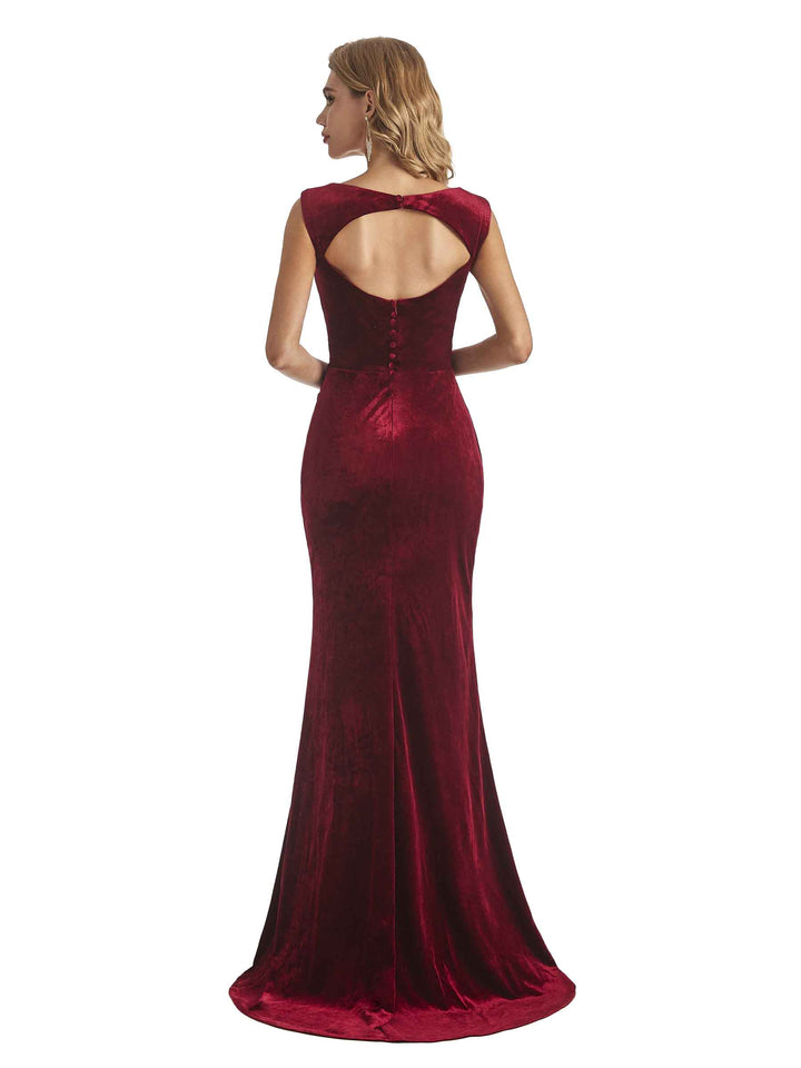 Sexy Open Back Mermaid Velvet Jewel Maxi Long Formal Evening Dresses For Women Slit