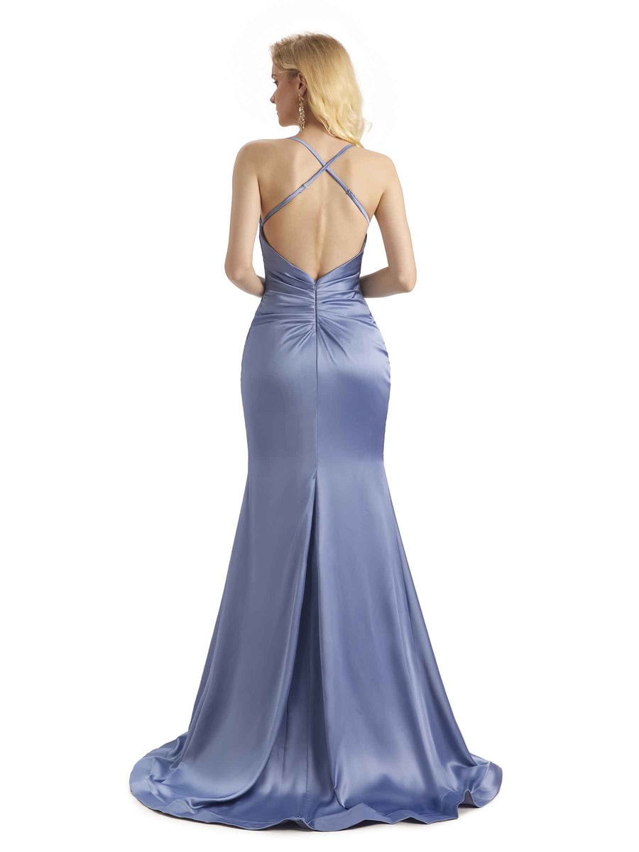 Elegant Soft Satin Mermaid Spaghetti Straps V-Neck Backless Long Bridesmaid Dresses Online
