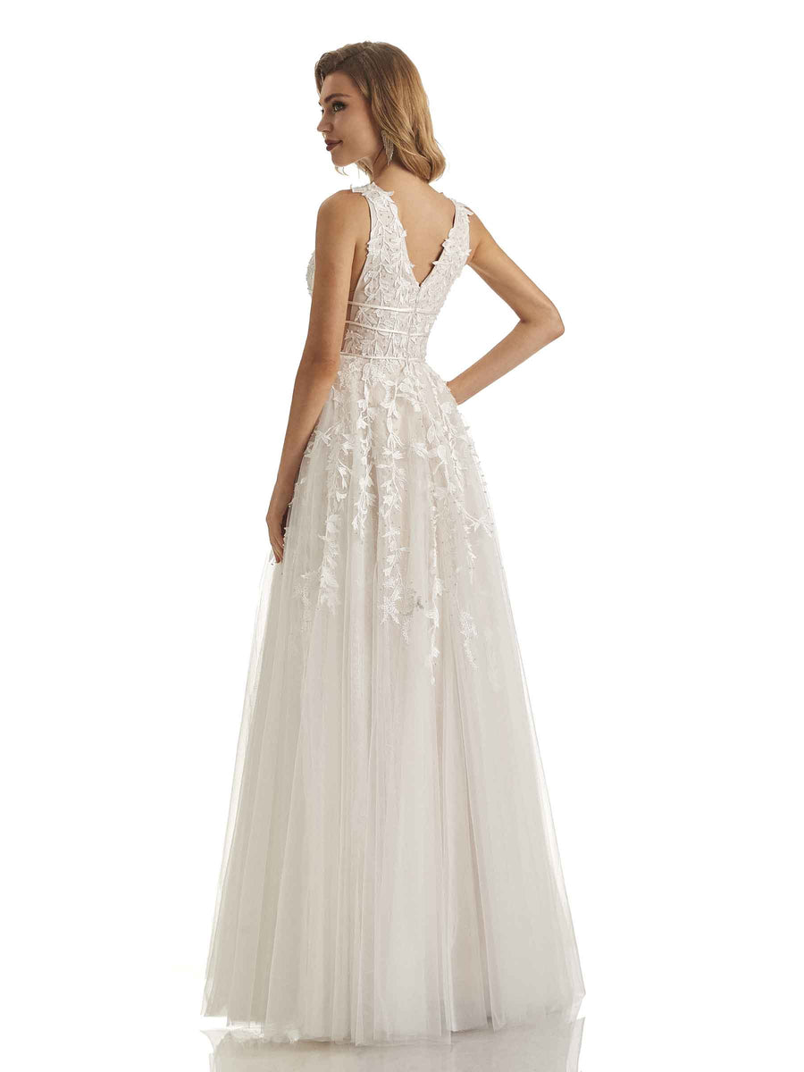 Ivory Lace A-line Applique V-neck Floor-length Long Formal Prom Dresses
