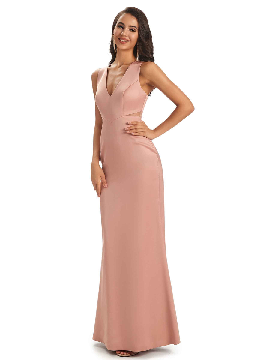 Simple Satin V-neck Long Mermaid Elegant Prom Dresses Online