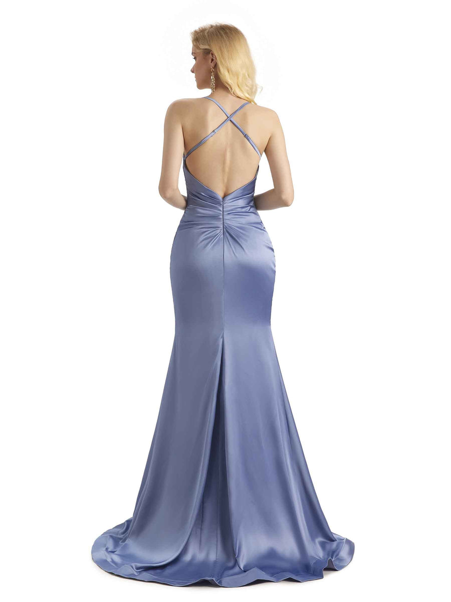 Elegant Soft Satin Mermaid Spaghetti Strap Backless Long Formal Prom Dresses Online