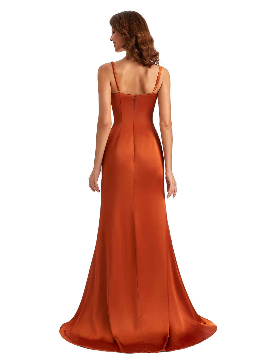 Sexy Spaghetti Straps Side Slit Mermaid Silky Satin Long Dresses To Go to a Wedding