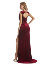 Sexy Open Back Mermaid Velvet Jewel Maxi Long Formal Evening Dresses For Women Slit