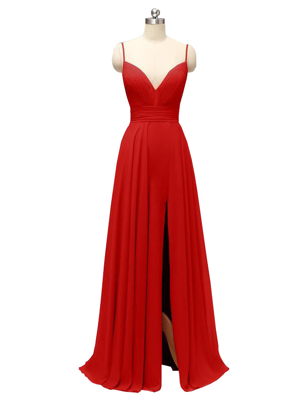 Honest Chiffon Spaghetti Straps Slit Long Bridesmaid Dresses