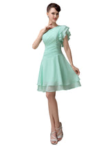 Popular A-line Chiffon One Shoulder Ruffle Sleeves Short Bridesmaid Dresses
