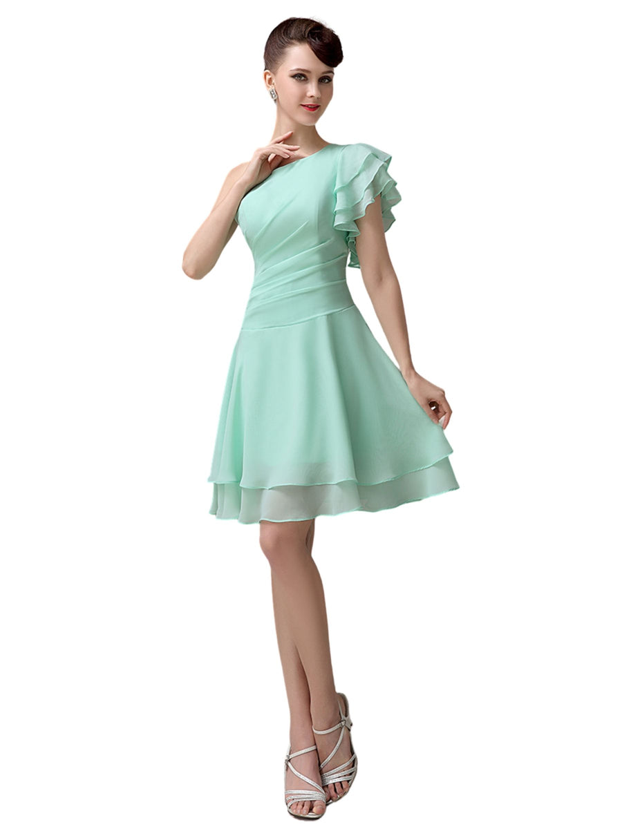 Popular A-line Chiffon One Shoulder Ruffle Sleeves Short Bridesmaid Dresses