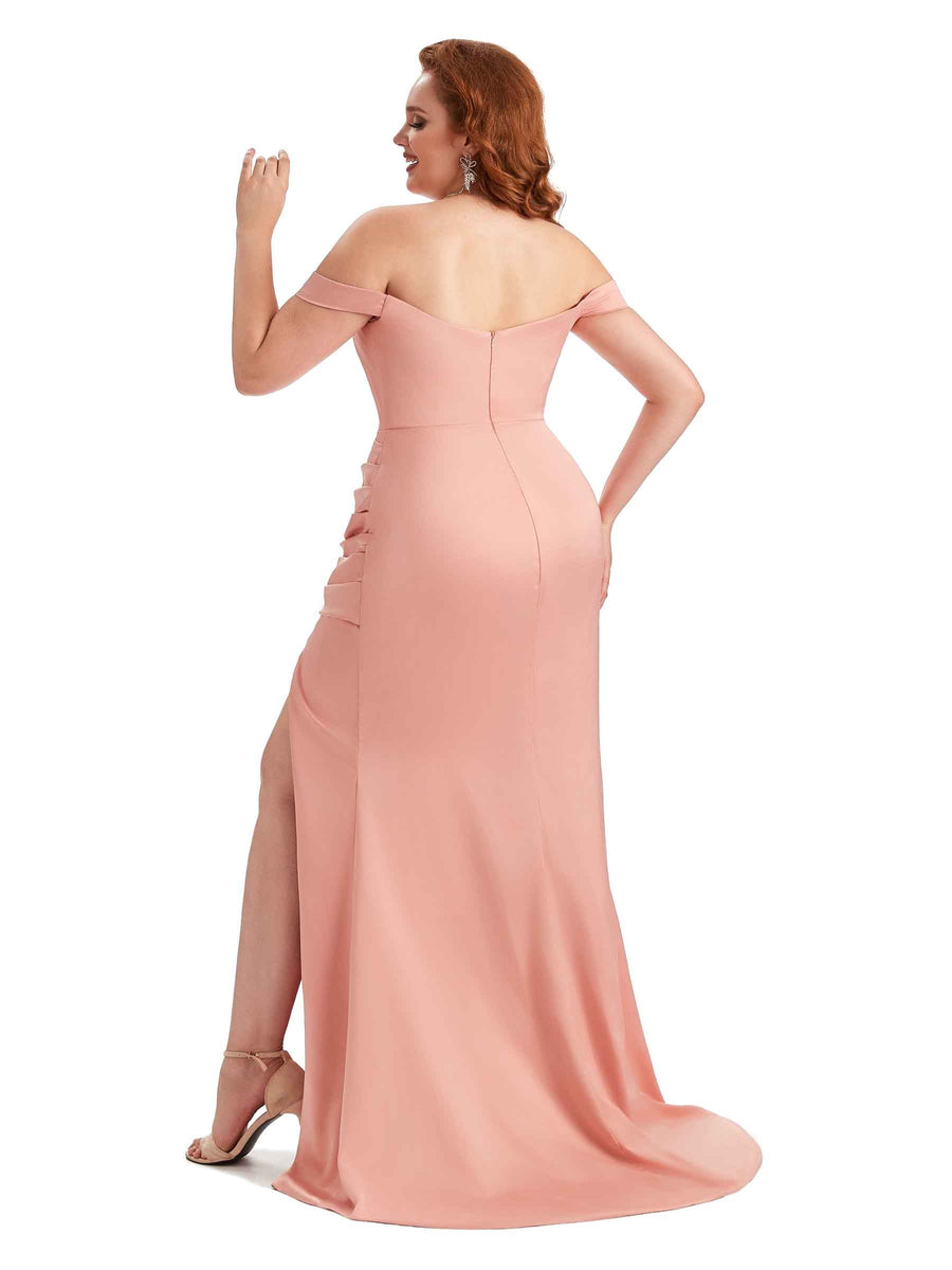 Plus Size Sexy Mermaid Off The Shoulder Side Slit Soft Satin Long Wedding Party Dresses