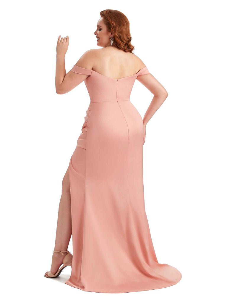 Sexy Mermaid Off The Shoulder Side Slit Soft Satin Long Plus Size Wedding Party Dresses