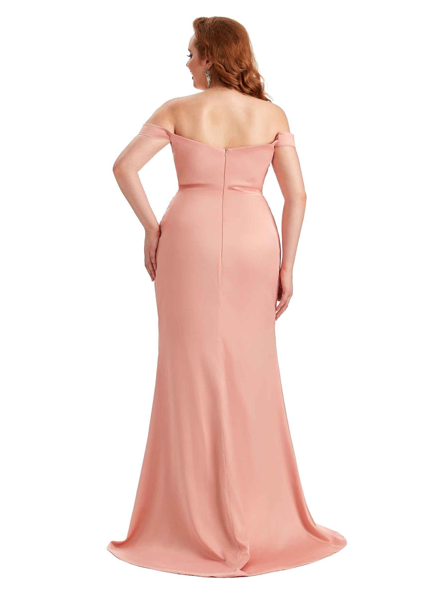 Plus Size Sexy Mermaid Off The Shoulder Side Slit Soft Satin Long Wedding Party Dresses