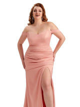 Plus Size Sexy Mermaid Off The Shoulder Side Slit Soft Satin Long Wedding Party Dresses