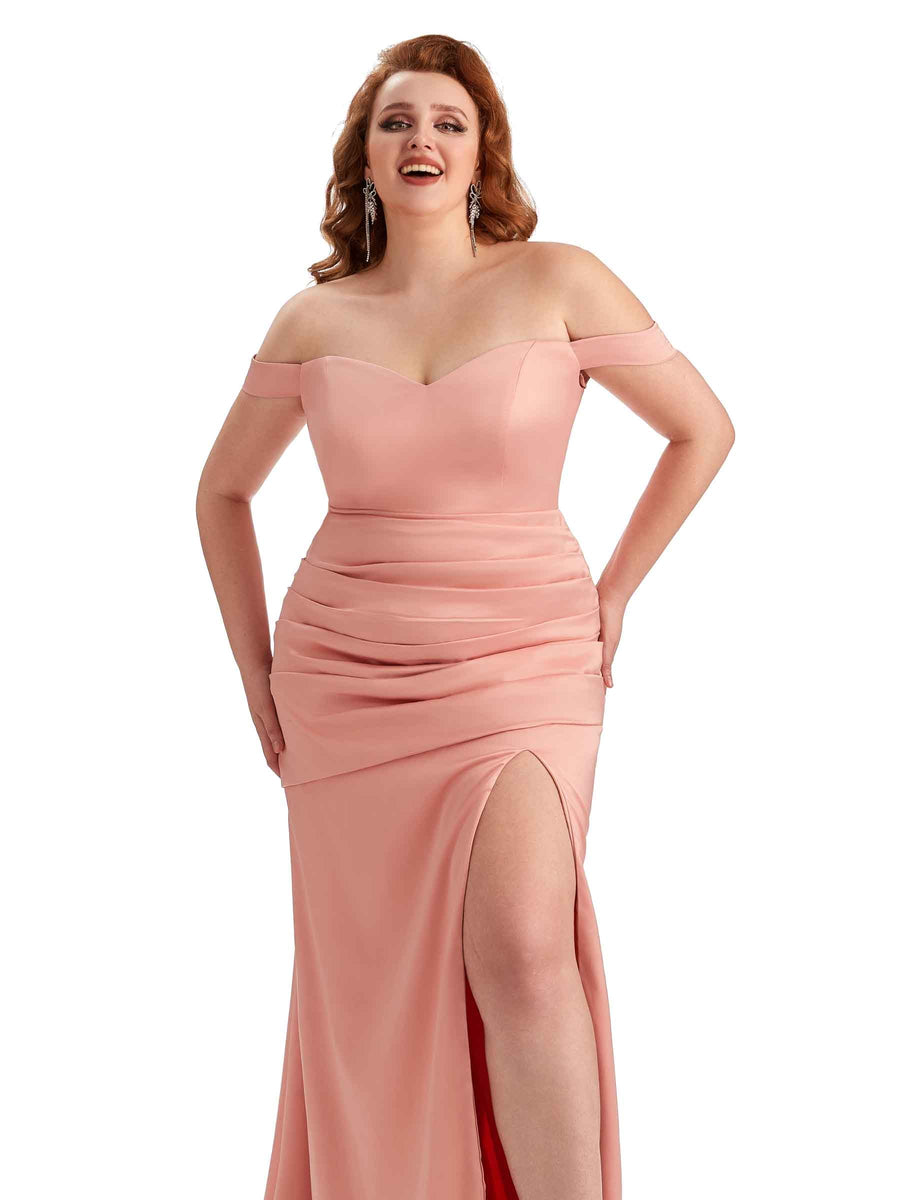 Plus Size Sexy Mermaid Off The Shoulder Side Slit Soft Satin Long Wedding Party Dresses