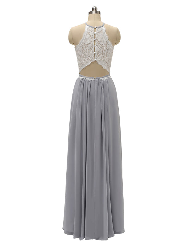 Top Lace Halter Chiffon Floor Length Bridesmaid Dresses
