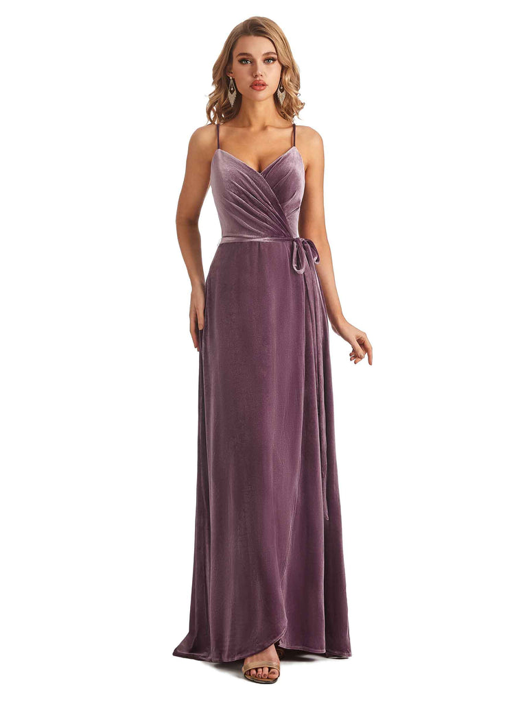 Spaghetti Straps A-line Velvet V-neck High Slit Maxi Long Bridesmaid Dresses Online - ChicSew Spaghetti Straps A-line Velvet V-neck High Slit Maxi Long Bridesmaid Dresses Online - ChicSew