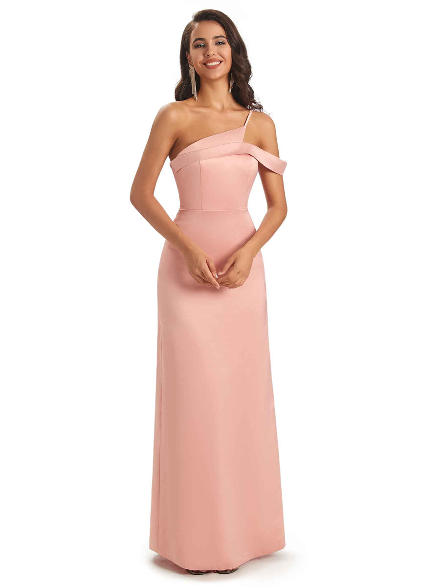 Sexy Soft Satin Side Slit One Shoulder Unique Long Bridesmaid Dresses in stock