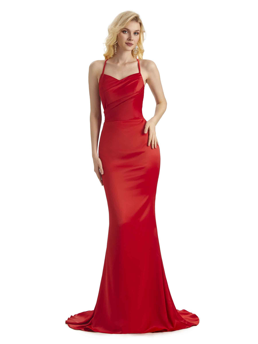 Sexy Criss Cross Mermaid Spaghetti Straps Long Satin Party Prom Dresses Online