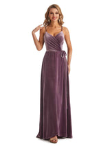 Elegant Winter A-line Velvet V-neck High Slit Maxi Long Evening Formal Dresses