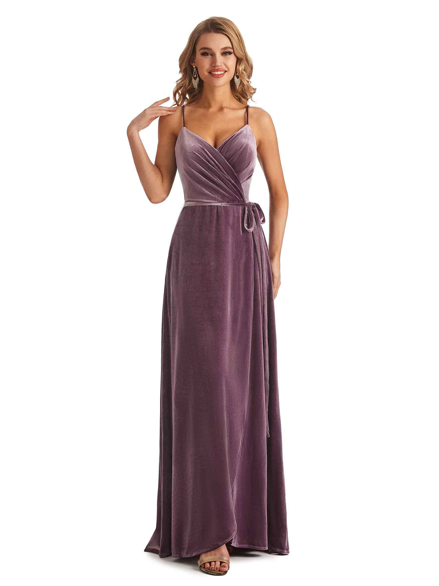 Spaghetti Straps A-line Velvet V-neck High Slit Maxi Long Bridesmaid Dresses Online