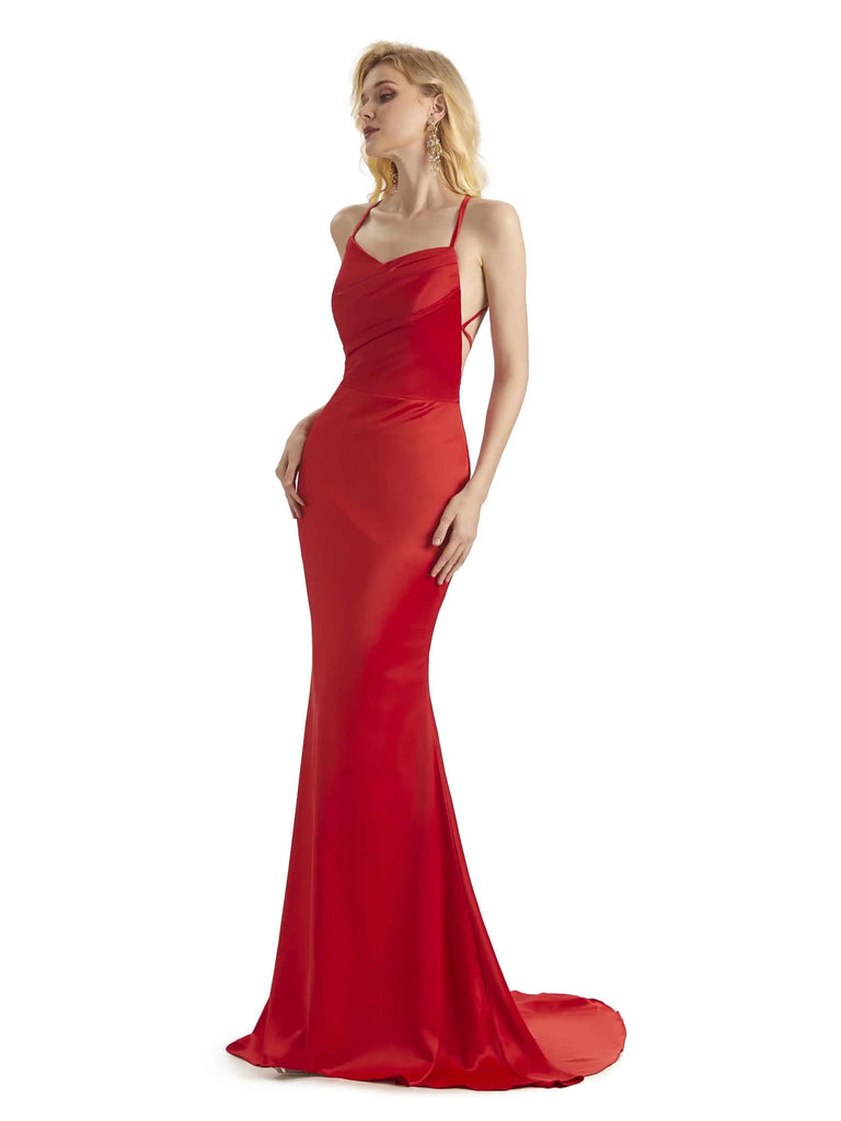 Sexy Criss Cross Mermaid Spaghetti Straps V-Neck Long Satin Fomral Prom Dresses Online