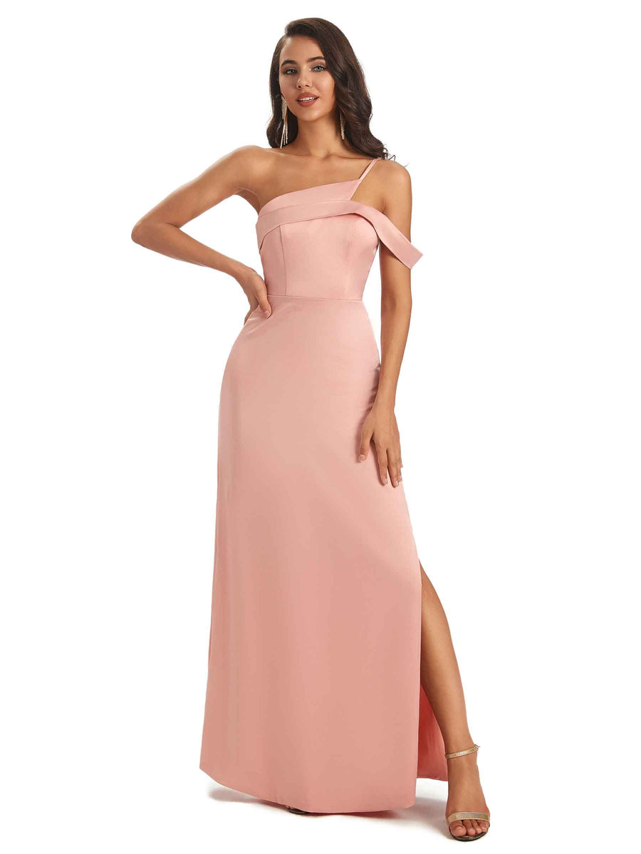 Sexy Soft Satin Side Slit One Shoulder Unique Long Bridesmaid Dresses in stock