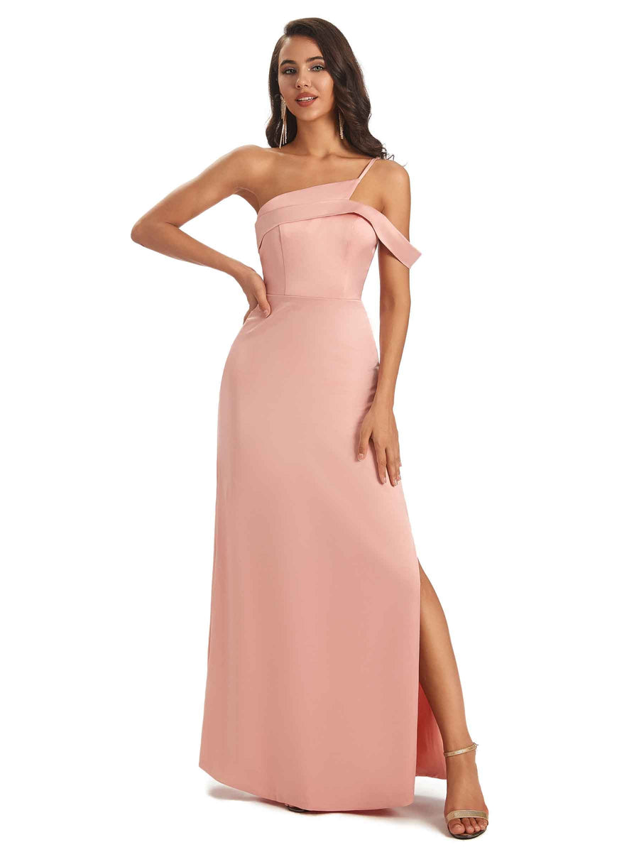 Sexy Satin Side Slit One Shoulder Simple Long Prom Dresses Online
