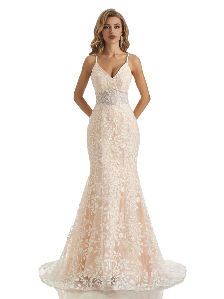 Lace Mermaid Applique Spaghetti Straps V-neck Long Wedding Dresses- ChicSew Lace Mermaid Applique Spaghetti Straps V-neck Long Wedding Dresses- ChicSew