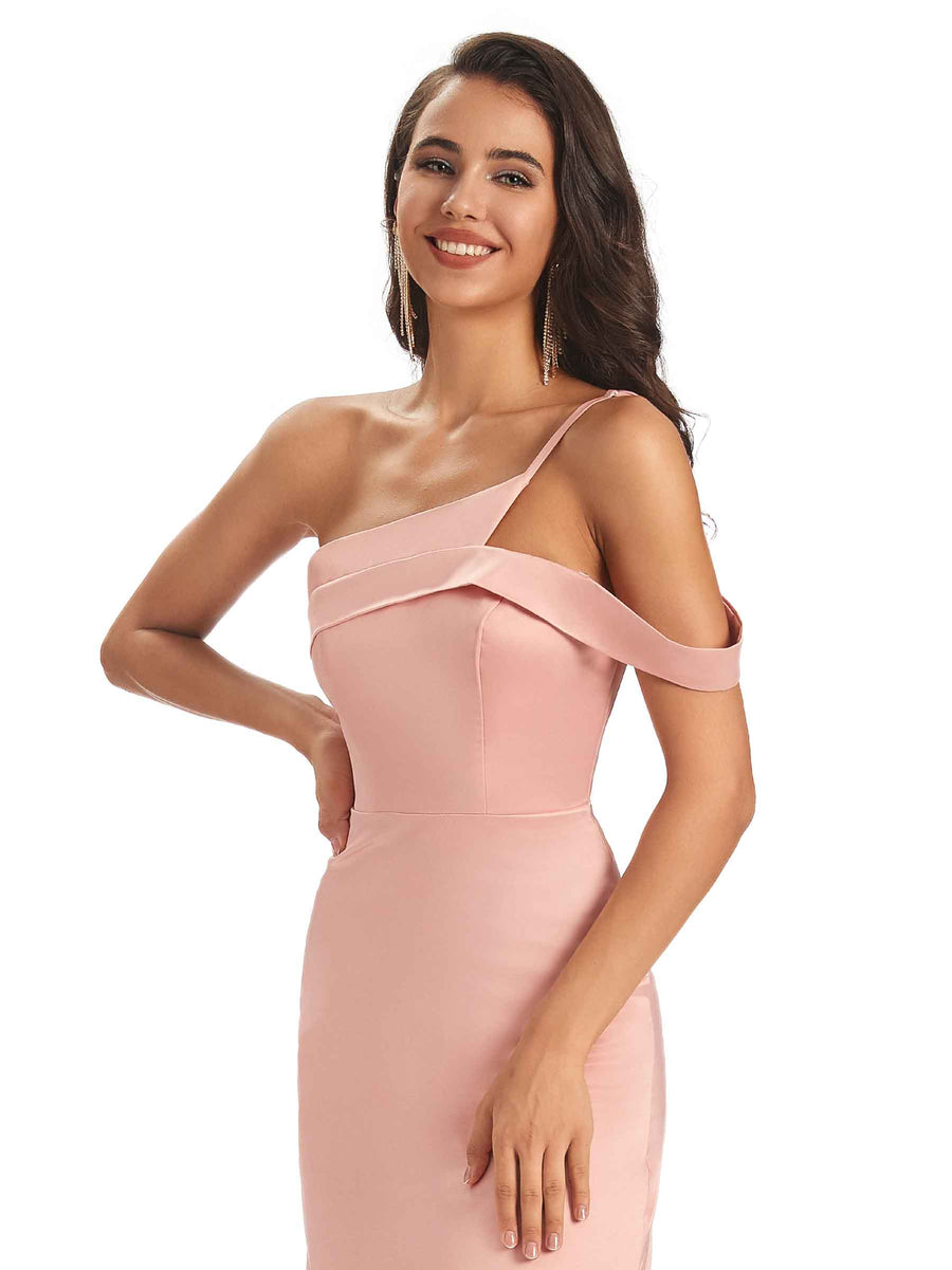 Sexy Soft Satin Side Slit One Shoulder Unique Long Bridesmaid Dresses in stock