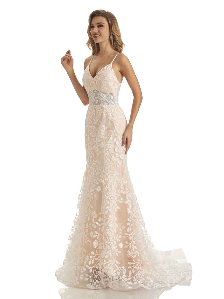 Lace Mermaid Applique Spaghetti Straps V-neck Long Wedding Dresses