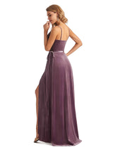 Elegant Winter A-line Velvet V-neck High Slit Maxi Long Evening Formal Dresses