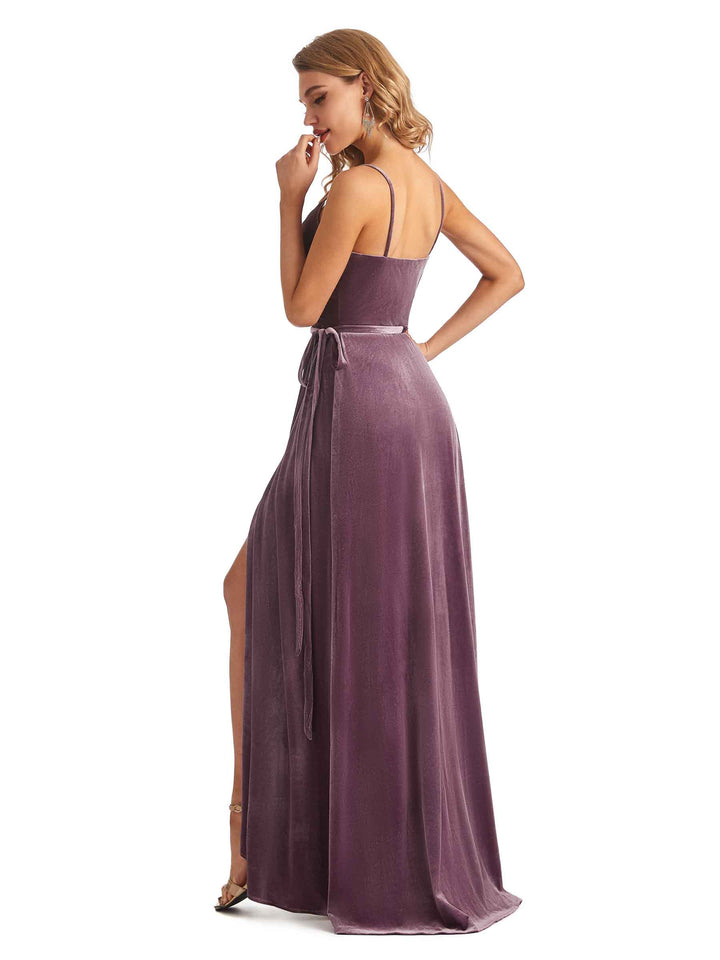Elegant Winter A-line Velvet V-neck High Slit Maxi Long Evening Formal Dresses